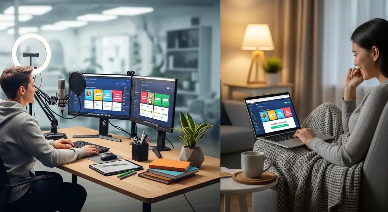 A creator recording at a desk with a microphone and two monitors, and someone browsing on a laptop at home.