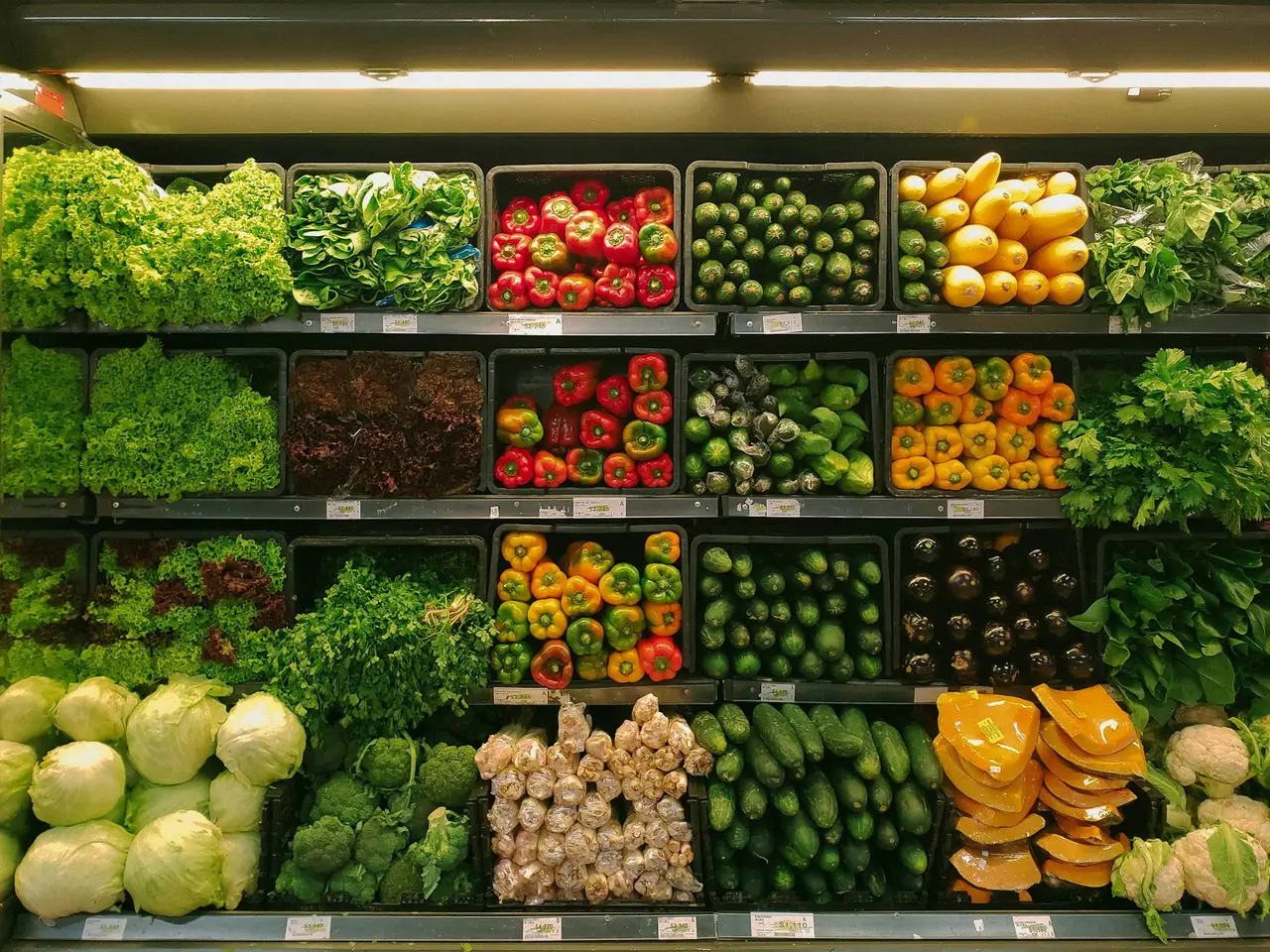A grocery display of fresh vegetables in crates: peppers, lettuce, courgettes and squash.